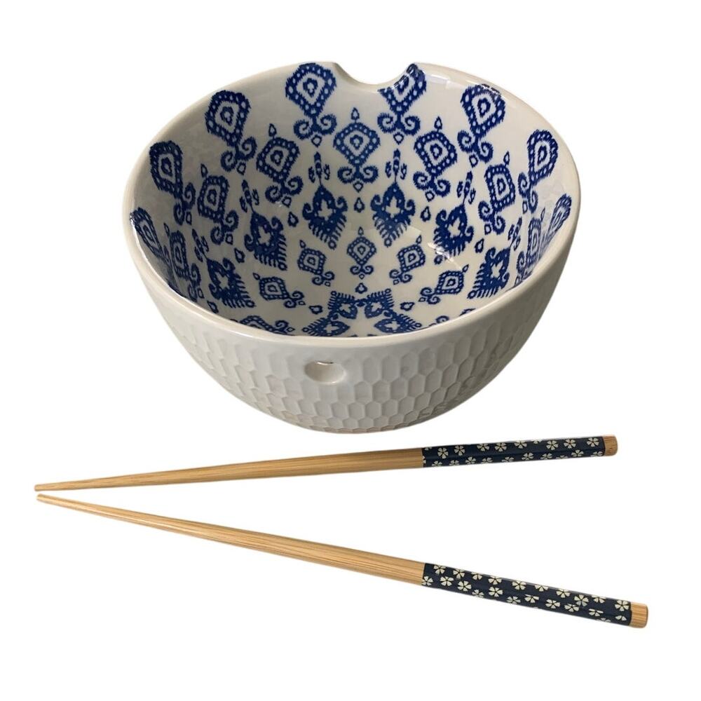 Noodle Bowl With Chopsticks By Signature White Embossed Stoneware Microwave Safe